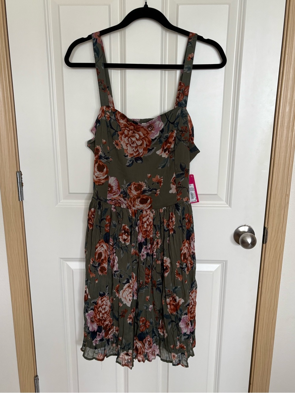 Xhilaration Olive Green Floral Sundress with Rust and Pink Flowers